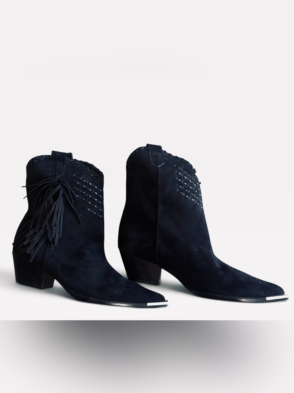 SCHUTZ Alexxa Black Suede Fringe Western Ankle Boots, size 7, New